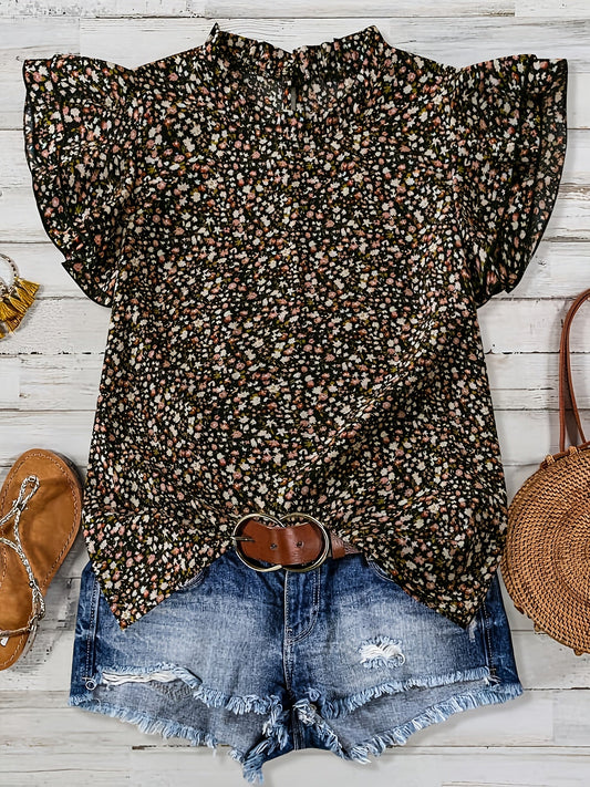 Damen Sommer-Blusenshirt mit Blumenmuster und Volantärmeln – Lässiger Boho-Style für Freizeit & Urlaub