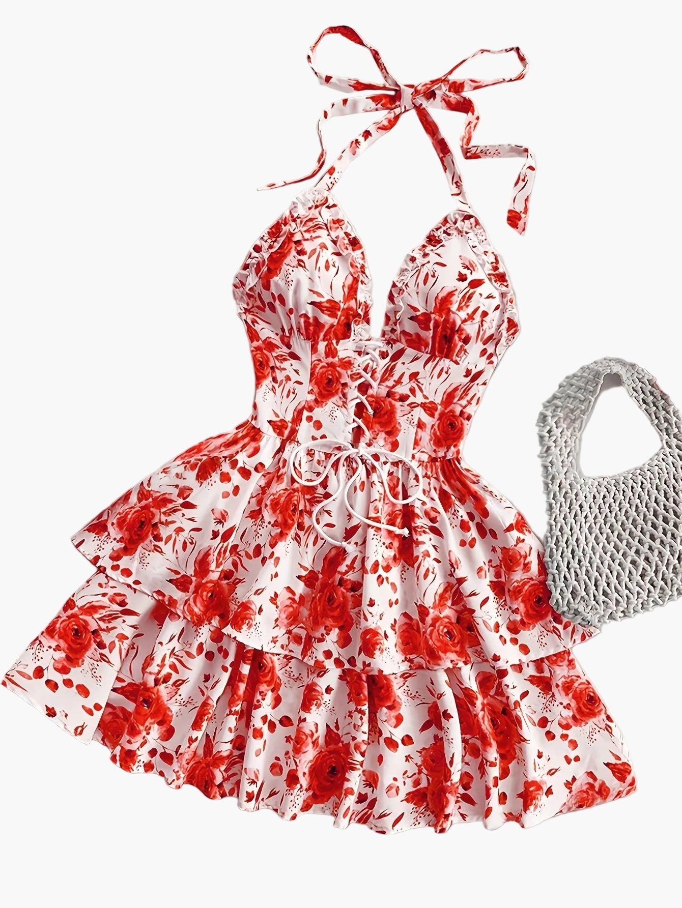Damen Volant-Minikleid mit Rosenmuster und Schnürung – Sommer, Elegant, Festlich