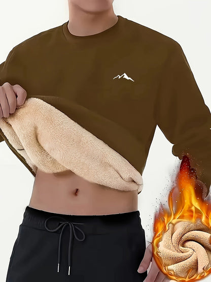 Herren Plüschfutter Sweatshirt mit Berg-Motiv, Rundhals Langarm-Pullover