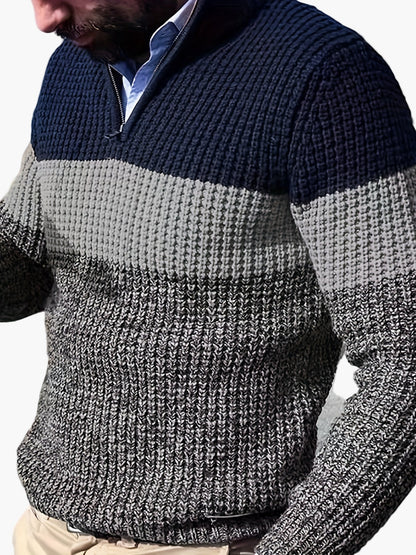 Herren Strickpullover mit Streifenmuster und Stehkragen – Stilvoller Freizeitpullover mit Zipper für Alltag und Büro