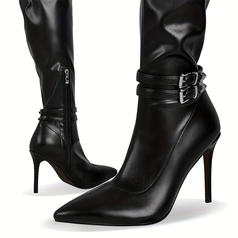 Overknee Stiefel Schwarz mit Schnallen, Reißverschluss & hohem Absatz