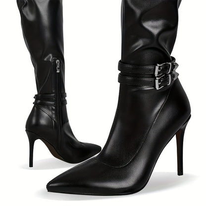 Overknee Stiefel Schwarz mit Schnallen, Reißverschluss & hohem Absatz