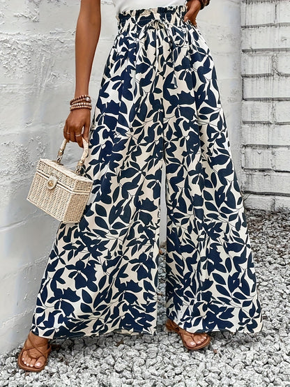 Damen Weitbeinige Paperbag-Hose mit Tropischem Blattmuster für Elegante Freizeit- und Urlaubslooks