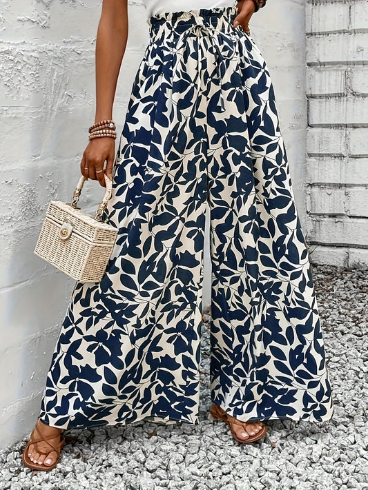 Damen Weitbeinige Paperbag-Hose mit Tropischem Blattmuster für Elegante Freizeit- und Urlaubslooks