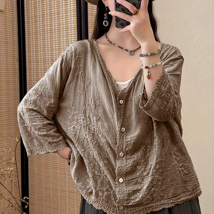 Damen Kurzarm Bluse mit V-Ausschnitt, Stickerei & Spitzenbesatz, Knopfleiste