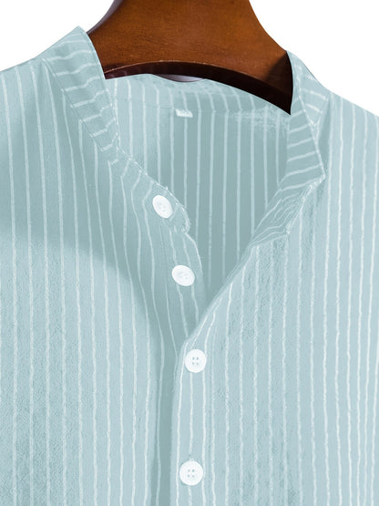 Herren Freizeit Hemd mit Stehkragen und Streifen – Modernes Kurzarmshirt für Alltag und Büro