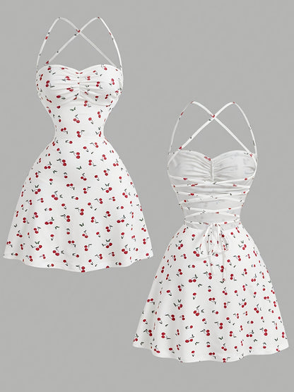 Damen Sommerkleid mit Kirschmuster – Elegantes Spaghettiträgerkleid für Freizeit und Alltag