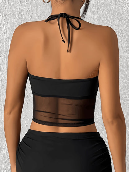 Damen Halterneck Party Mesh Crop Top – Eleganter Clubwear Look