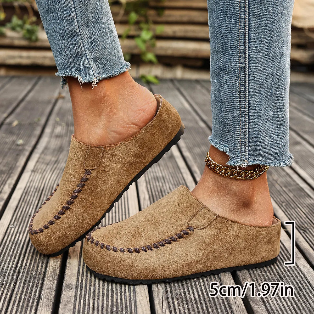 Damen Slipper Mules mit Ziernaht Komfortschuhe Braun
