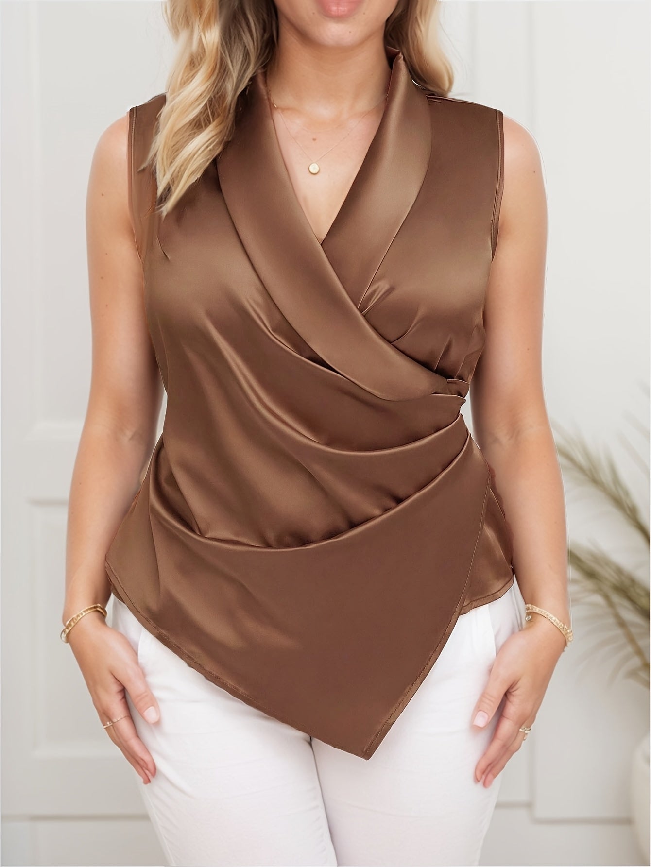 Damen Wickelbluse Elegant Ärmellos Asymmetrisch für Büro und Freizeit