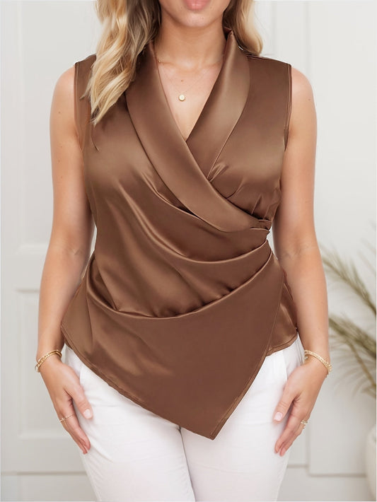 Damen Wickelbluse Elegant Ärmellos Asymmetrisch für Büro und Freizeit