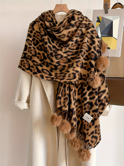 Damen Schal mit Leopardenmuster und Bommeln Weiches Material Animal Print Warmer Umhang