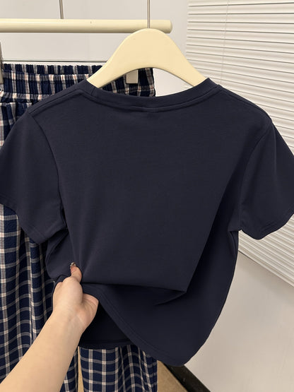 Damen Pyjama-Set Kurzarm Shirt & Karierte Hose – Bequeme Nachtwäsche im Casual-Stil