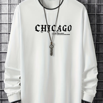 Herren Langarmshirt mit Rundhalsausschnitt und Chicago-Print, Ringelbündchen