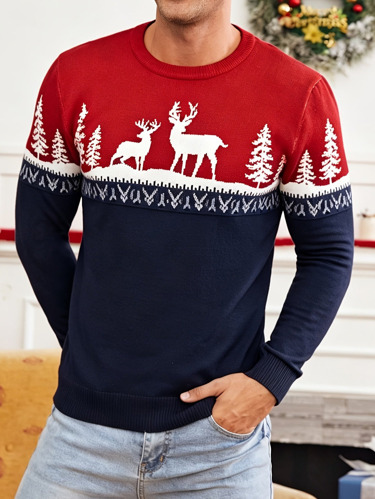Weihnachtspullover Herren Rot Hirsch-Motiv Rundhalsausschnitt