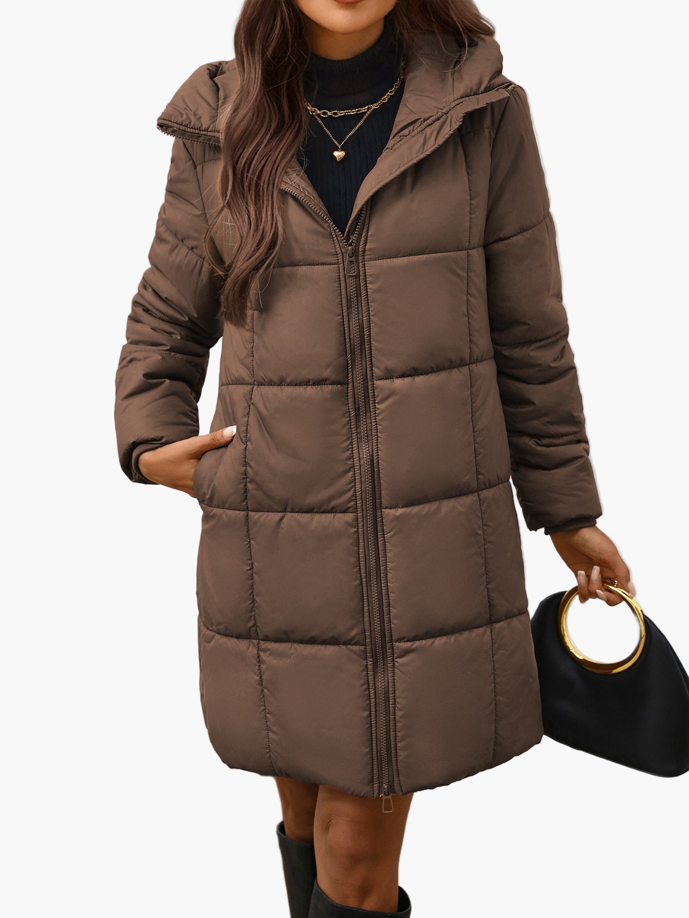 Women's Elegant Long Walrus Jacket - Winter Warm Full-Zip Lightweight Coat with Pockets, Mid-Length Length, Solid Color Casual Outerwear for Cold Weather (Machine Washable)