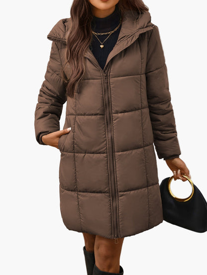 Women's Elegant Long Walrus Jacket - Winter Warm Full-Zip Lightweight Coat with Pockets, Mid-Length Length, Solid Color Casual Outerwear for Cold Weather (Machine Washable)