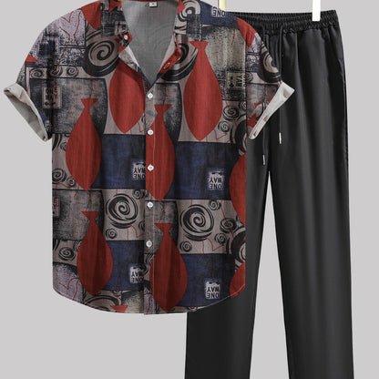Herren Set Kurzarmhemd mit Grafikmuster und Hose – Modisches Freizeit-Outfit mit künstlerischem Design