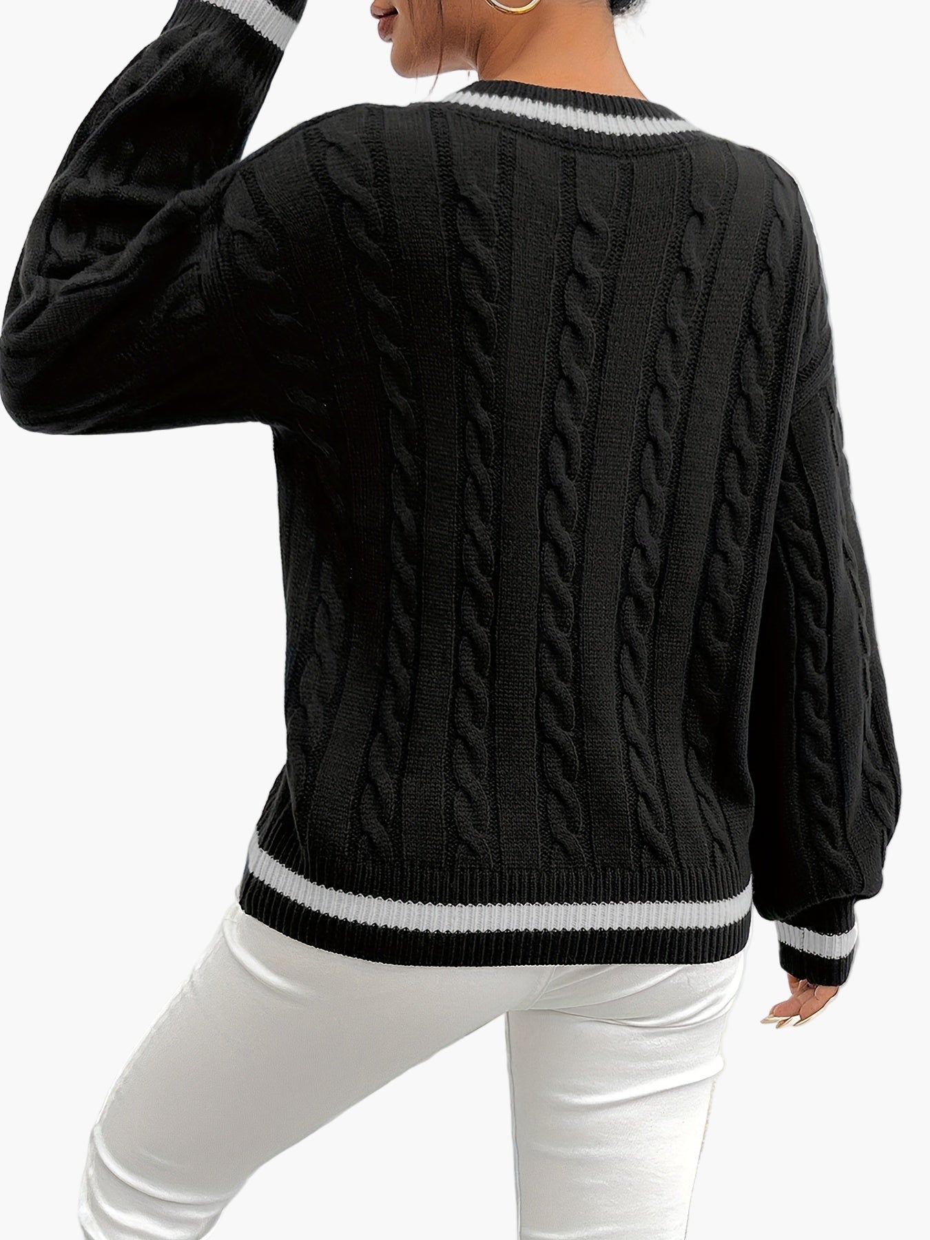 Damen Strickpullover mit V-Ausschnitt und Zopfmuster – Eleganter Freizeitpullover für Herbst und Winter