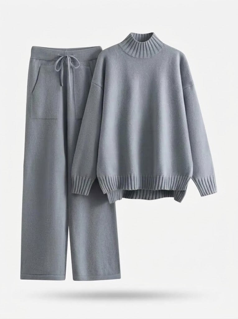 Strick-Loungewear-Set Damen, Hochgeschlossener Pullover & weite Hose, Blau