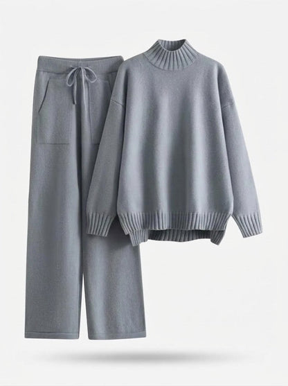 Strick-Loungewear-Set Damen, Hochgeschlossener Pullover & weite Hose, Blau