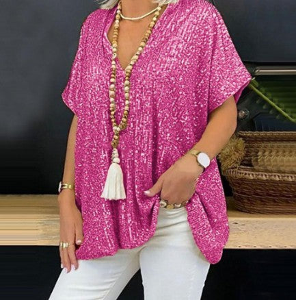 Damen Pailletten Tunika mit V-Ausschnitt – Glitzerndes Oversize-Shirt für festliche Anlässe