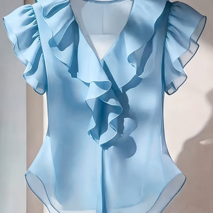 Damen Rüschenbluse mit V-Ausschnitt und Volantärmeln – Elegante Chiffonbluse für Büro und besondere Anlässe