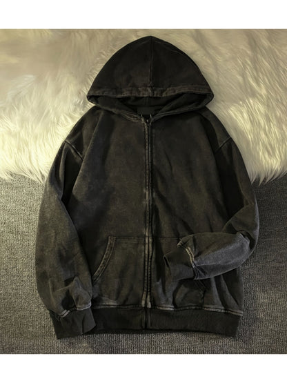 Kapuzenjacke mit Reißverschluss, verwaschener Look, Unisex, Anthrazit