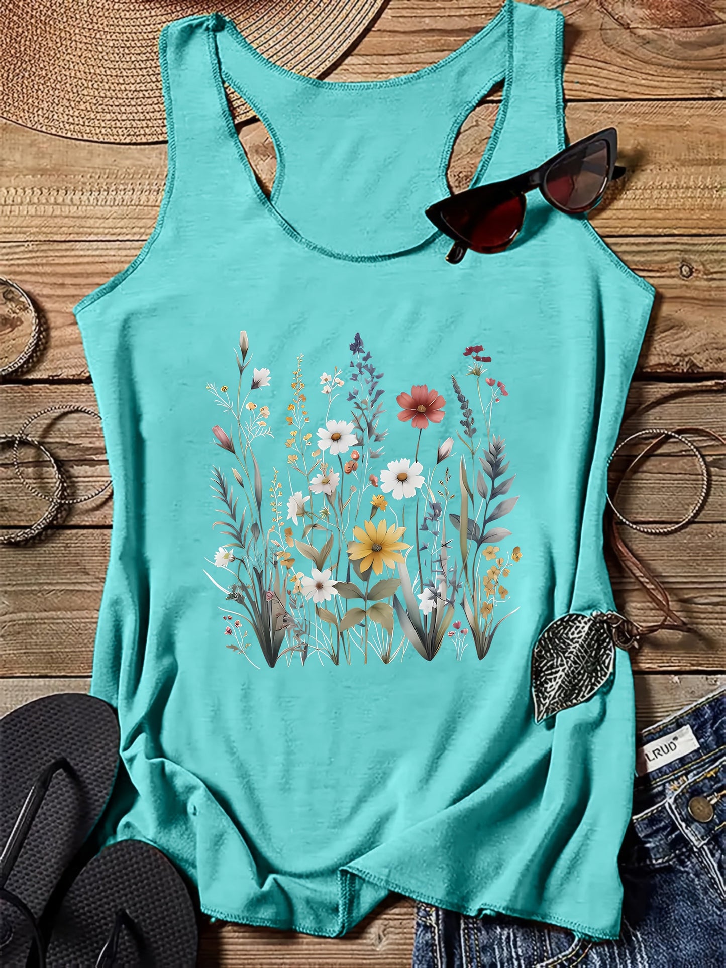 Damen Tanktop mit Wildblumen-Print – Sommer Freizeitshirt, Boho Stil