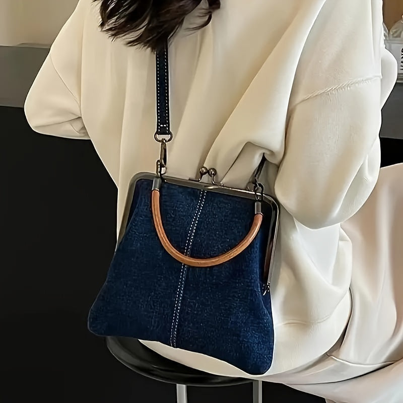 Damen Vintage Umhängetasche mit Holzgriff – Retro Handtasche im modernen Stil
