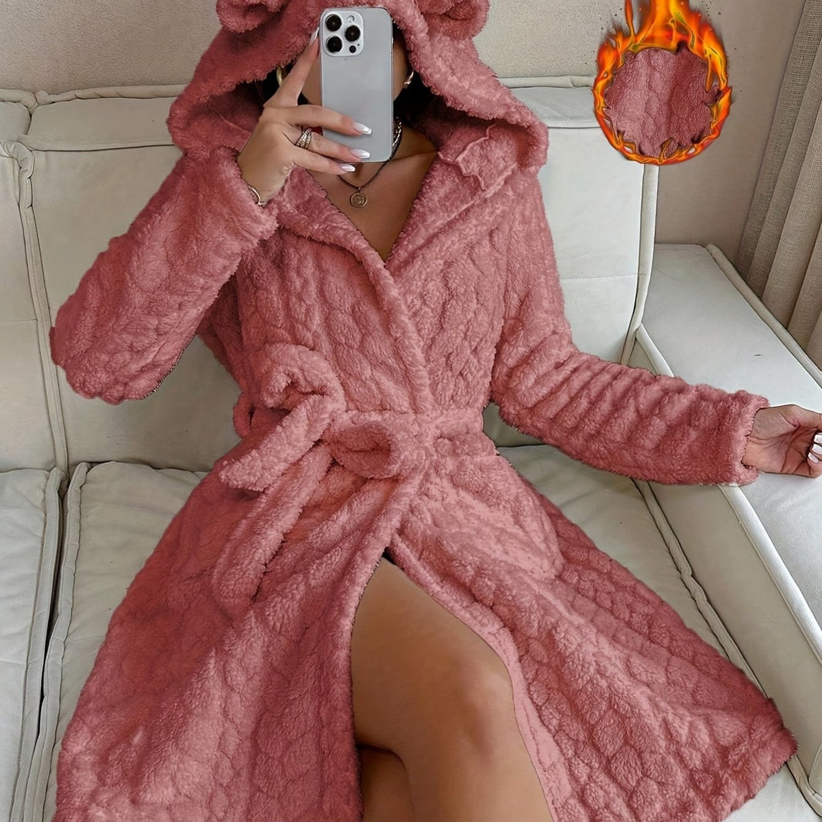 Damen Bademantel Flauschig mit Kapuze & Ohren Bindegürtel Langarm