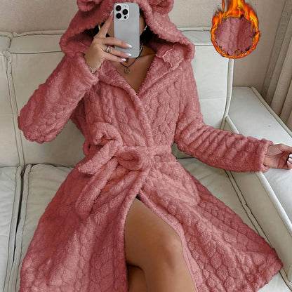 Damen Bademantel Flauschig mit Kapuze & Ohren Bindegürtel Langarm