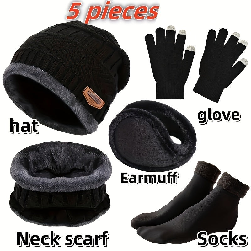 Winter Set Mütze Schal Handschuhe Ohrenschützer Socken Strick Fleece Warm Unisex