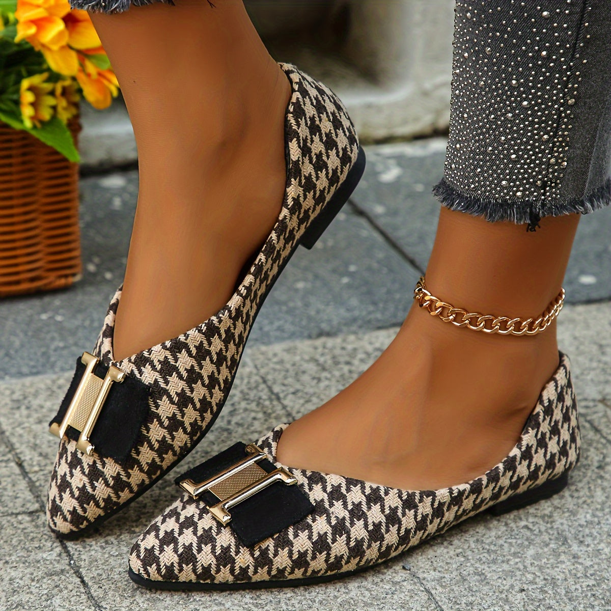 Damen Elegante Houndstooth Ballerinas mit Schleifen-Detail – Modische Flats für Alltag und Büro