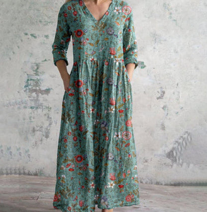 Damen Maxikleid Vintage Stil mit Blumenmuster – Bequemes Freizeitkleid mit Taschen und V-Ausschnitt