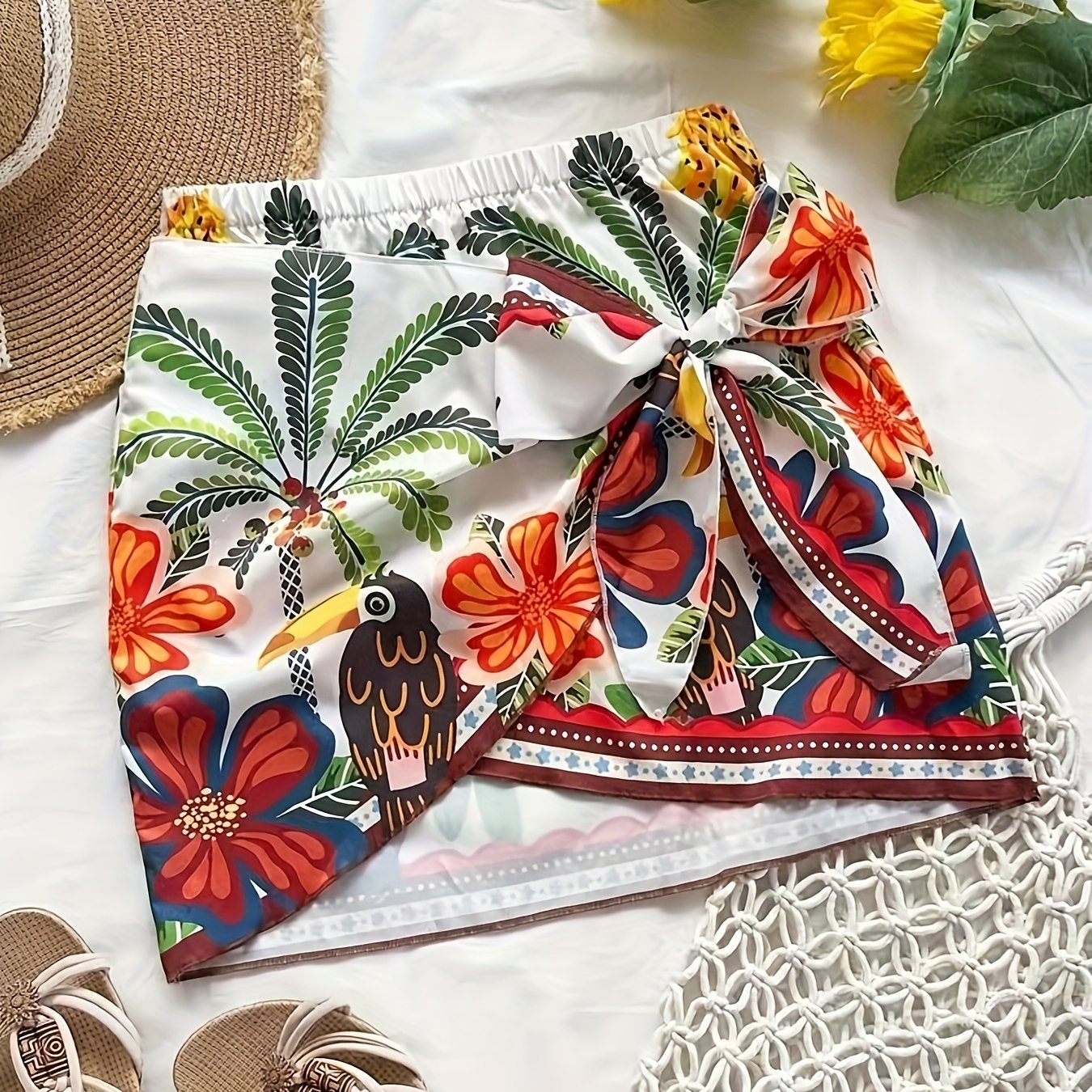 Damen Mini Strandrock mit tropischem Muster und Schleifen-Detail – Perfekt als Badebekleidungs-Überwurf