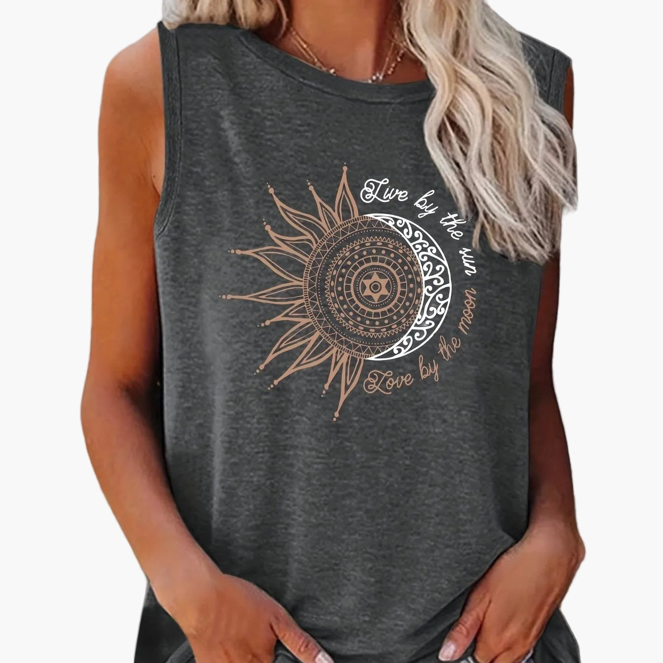 Damen Tanktop mit Mandala-Sonne-Mond-Print – Boho Style Shirt für Freizeit & Sommer