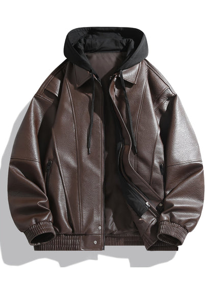 Herren Bomberjacke mit Kapuze, Glatte Oberfläche, Braun/Schwarz