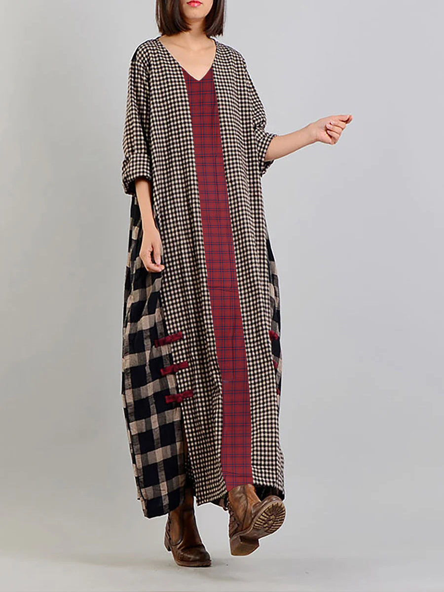 Damen Retro Maxikleid mit Karomuster und V-Ausschnitt – Lässiger Vintage-Stil für Alltag und Freizeit