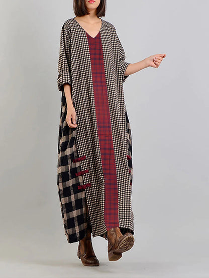 Damen Retro Maxikleid mit Karomuster und V-Ausschnitt – Lässiger Vintage-Stil für Alltag und Freizeit