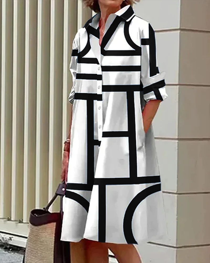 Damen Shirtkleid mit geometrischem Print und Taschen – Eleganter Freizeit- und Büro-Look