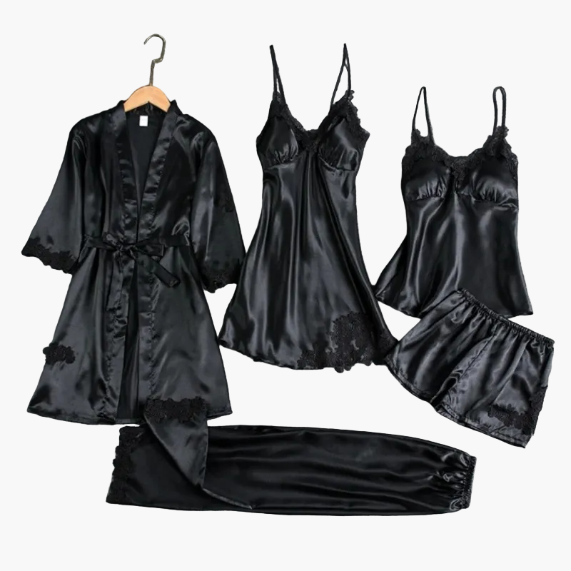 Damen Luxus Nachtwäsche Set 5-teilig – Elegantes Satin Pyjama & Loungewear Ensemble für stilvolle Nächte