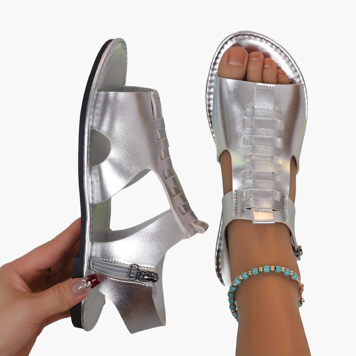 Damen Sandalen im Boho-Stil mit Reißverschluss und offener Zehenpartie – Bequeme Sommerschuhe für Alltag & Freizeit
