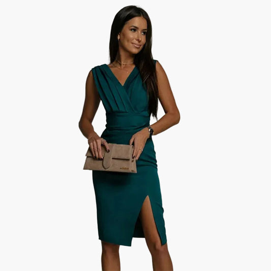 Damen Abendkleid Elegant Wickeloptik Falten Midi Cocktailkleid für besondere Anlässe