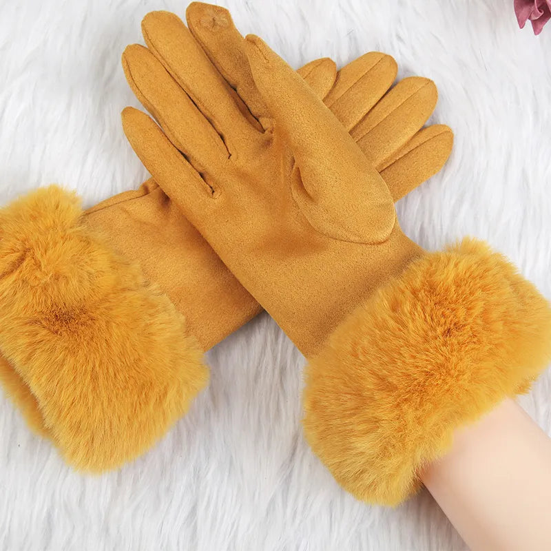 Damen Handschuhe mit Kunstfellbesatz, weich gefüttert, Rosa