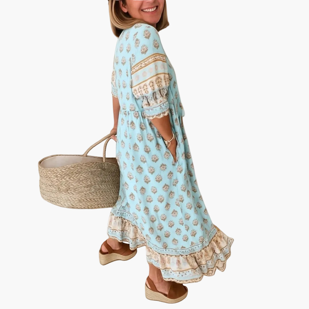 Damen Boho Midi Kleid mit Taschen und Quasten, Sommer Freizeitkleid