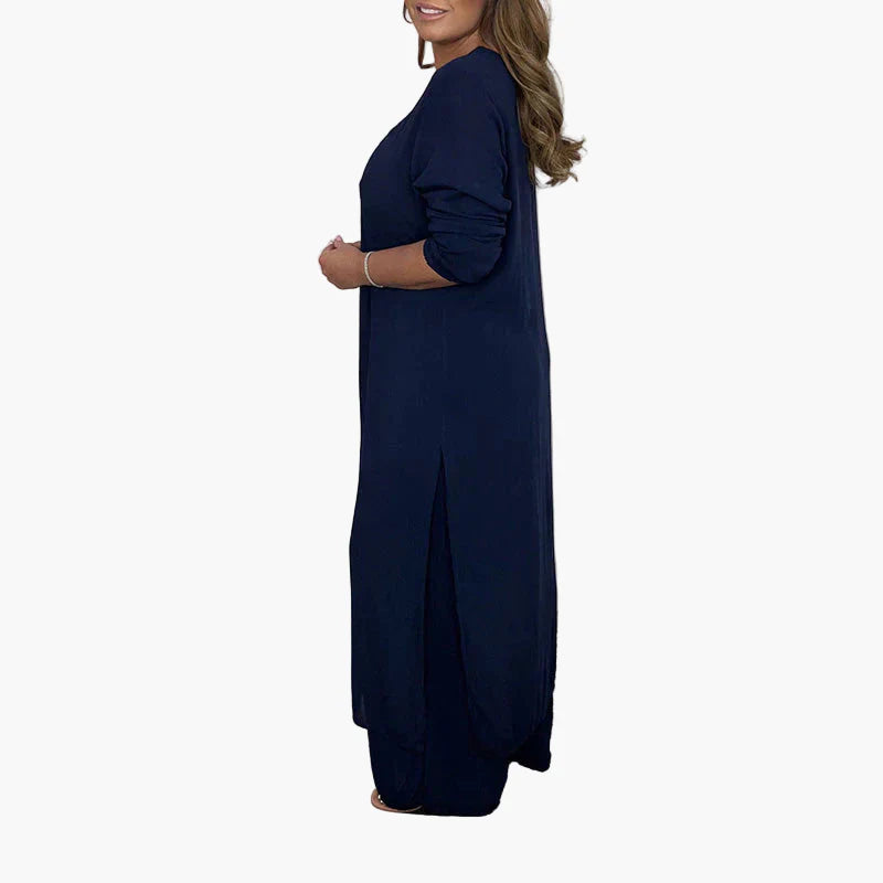 Damen Zweiteiliges Freizeitanzug Set – Eleganter Langer Blazer & Weite Hose für Alltag und besondere Anlässe