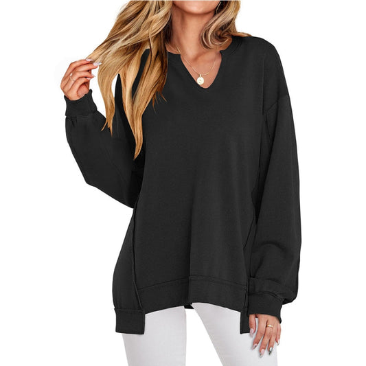Damen Langarm Pullover mit V-Ausschnitt und Seitenschlitzen, Oversized