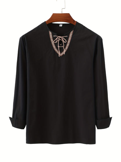 Herren Vintage Tunika mit Schnürung und geometrischem Muster – Boho Style Langarm Shirt