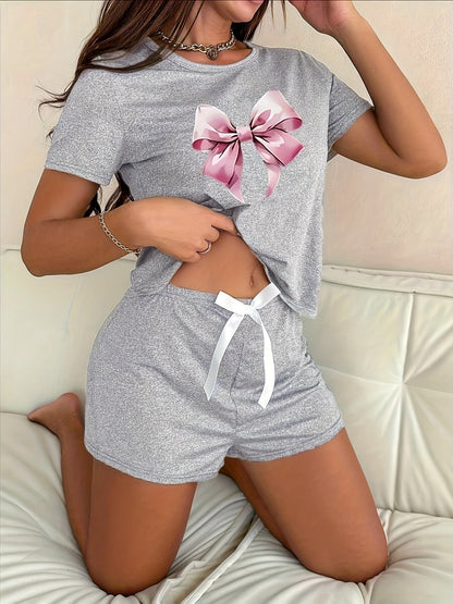 Damen Pyjama Set mit Schleifen-Print – Kurzarm Shirt & Shorts, Modernes Lounge- & Schlafanzug-Design